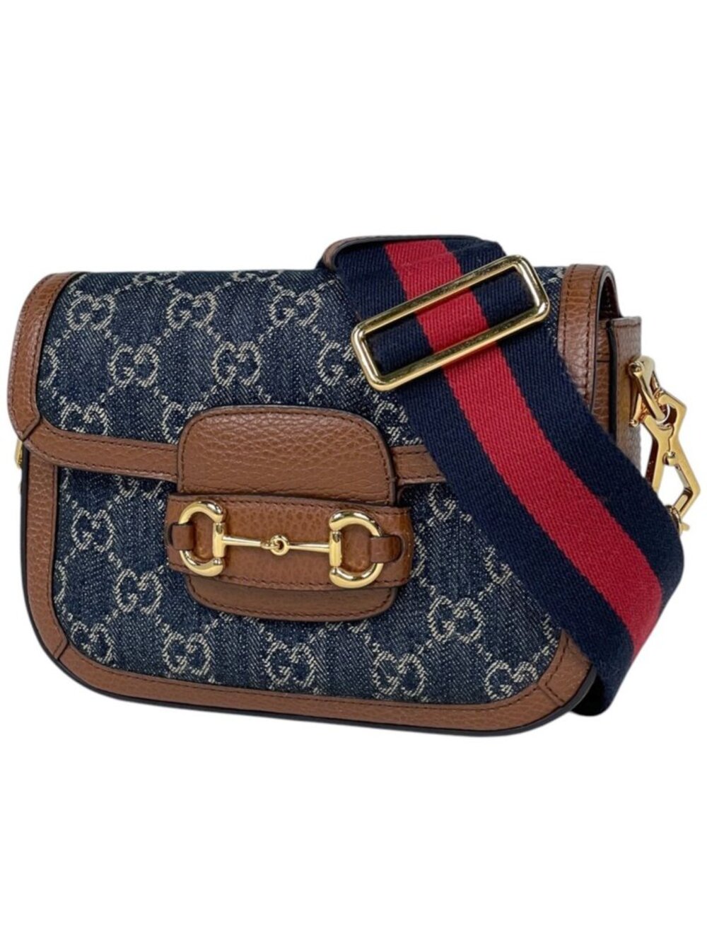 Gucci Shoulder Bag Horsebit 1955 GG Denim Blue Brown